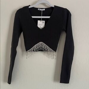Zara Black Crop Top with Silver Fringe
